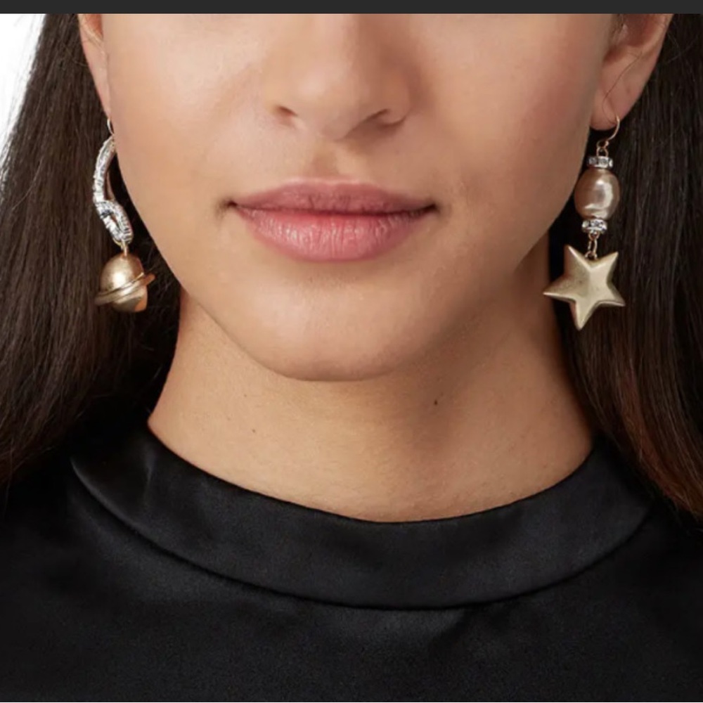 ISO!!Lulu Frost Gold Saturn Wire Earrings Gold Pearl Pave Rhinestone Drop Dangle